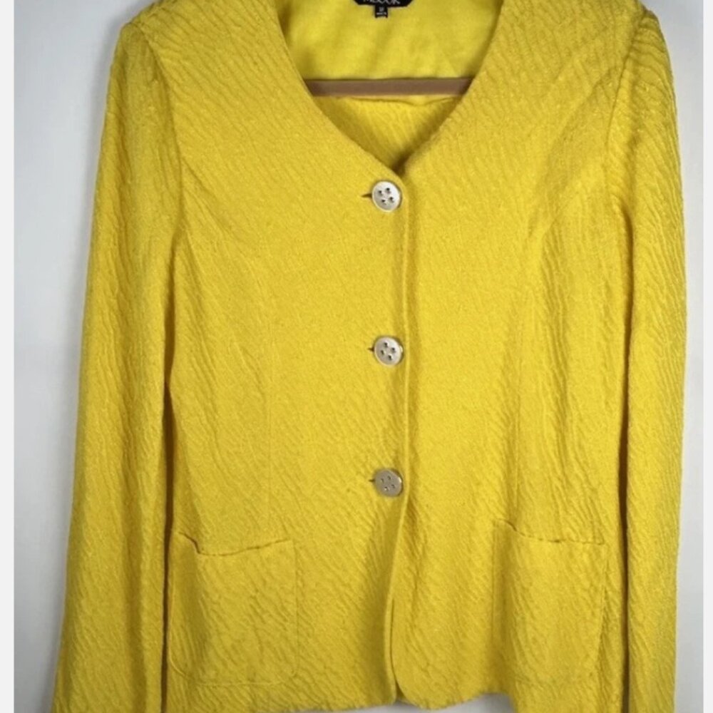 Misook Bright Yellow Button Front Sweater Jacket Sz M Textured Cardigan